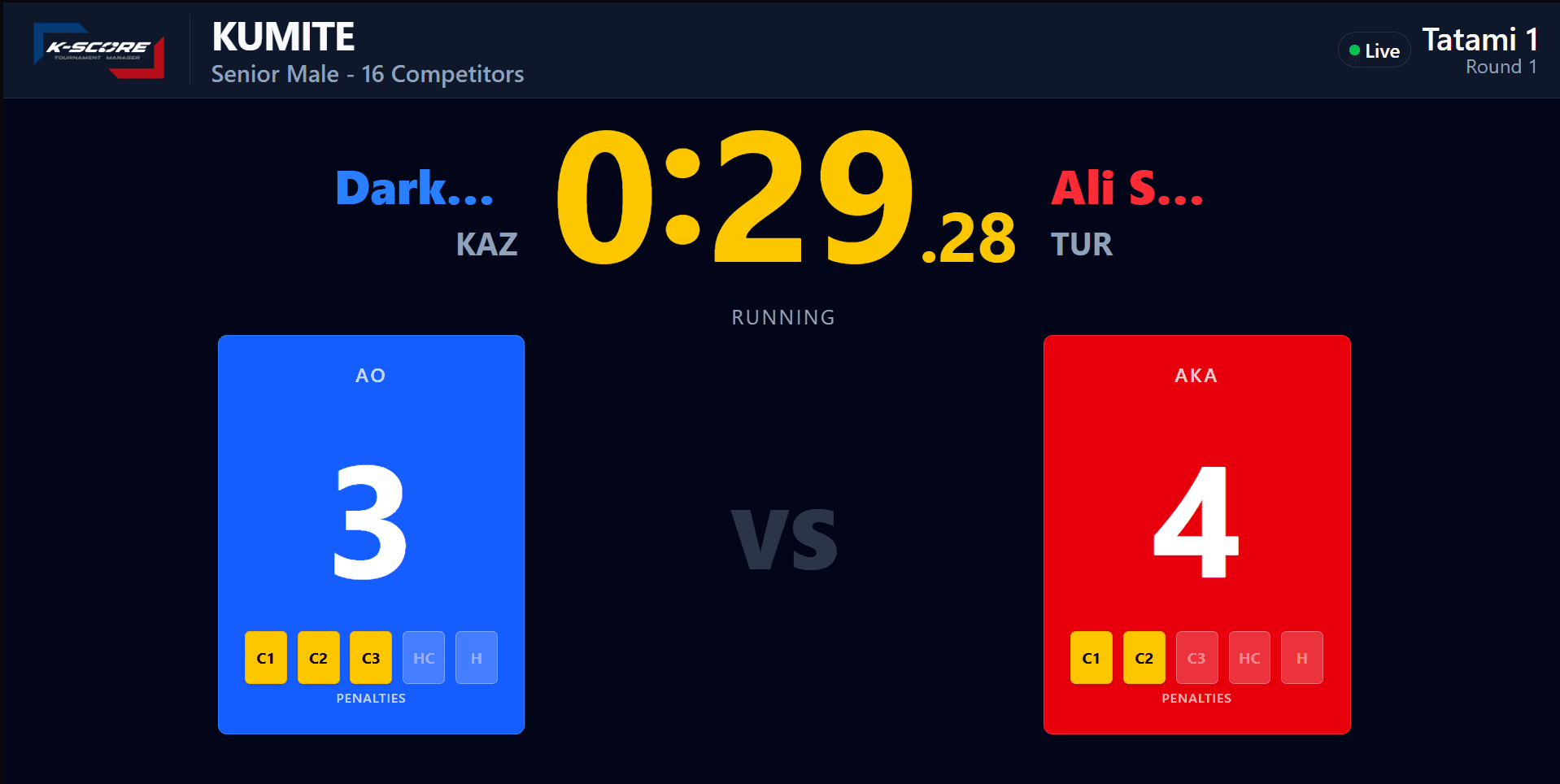 Marcador público de kumite en vivo en K-Score